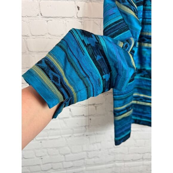 CHICO'S royal blue teal silk blend unlined aztec southwestern jacket blazer 2 L - Picture 7 of 8